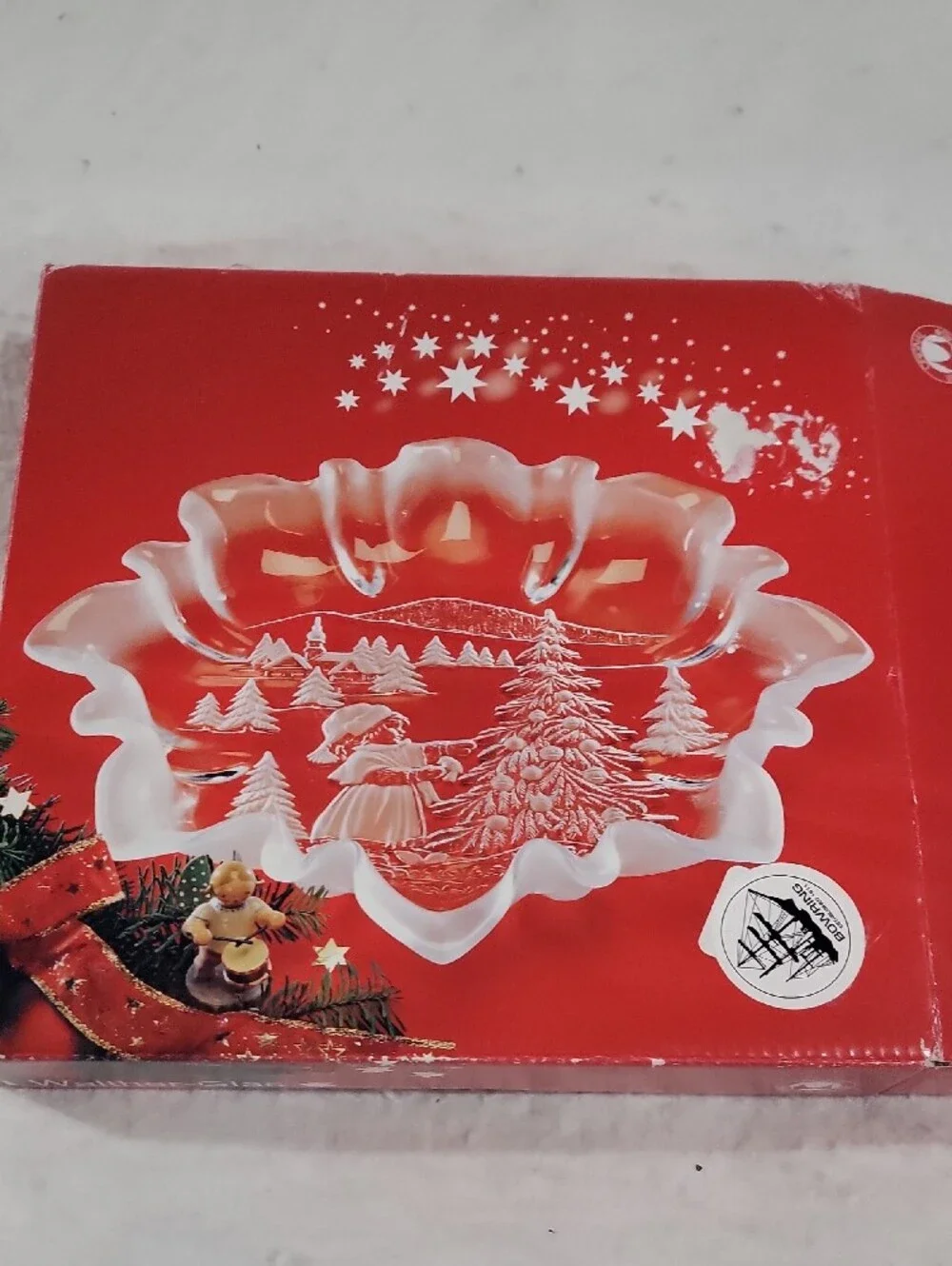 Vintage Frosted Glass Holiday Tree & Caroler Decorative Bowl - Clear Frosted